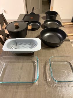 The kitchen bundle  Kitchen Bundle Nonstick Cookware Set + 2 Pyrex Baking Dishes + Colander