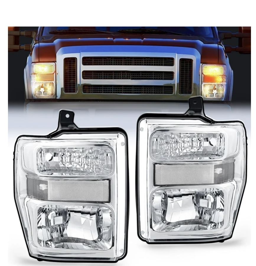 2008-2010 Ford F250 F350 F450 Headlights Pair - Clear Reflector / Chrome Housing (Feberg FD250, NEW)