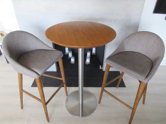 Stunning real wood round high table and chairs by Living Spaces