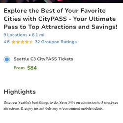 Seattle City Pass x2 Adults $125 ($168 Value )