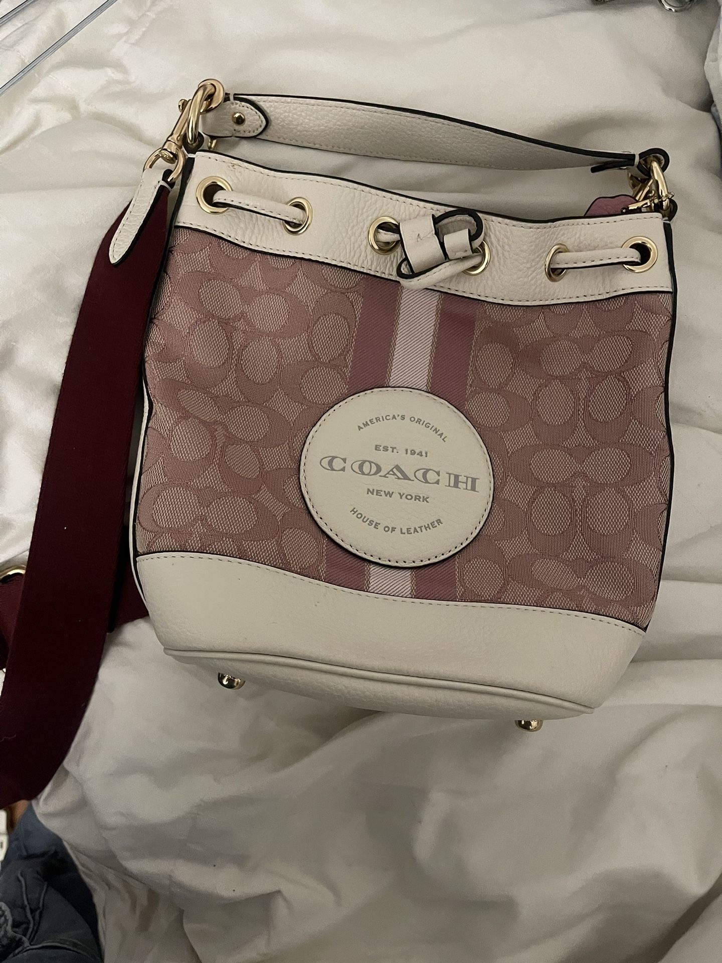 Pink Dempsey Bucket Bag 19 In Signature Jacquard With Coach Patch And Heart Charm