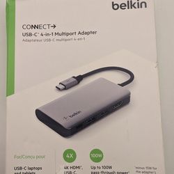 Belkin CONNECT USB-C 4-in-1 Multiport Adapter-Gray, 1 4K HDMI, 1 USB-C 2x USB-A 