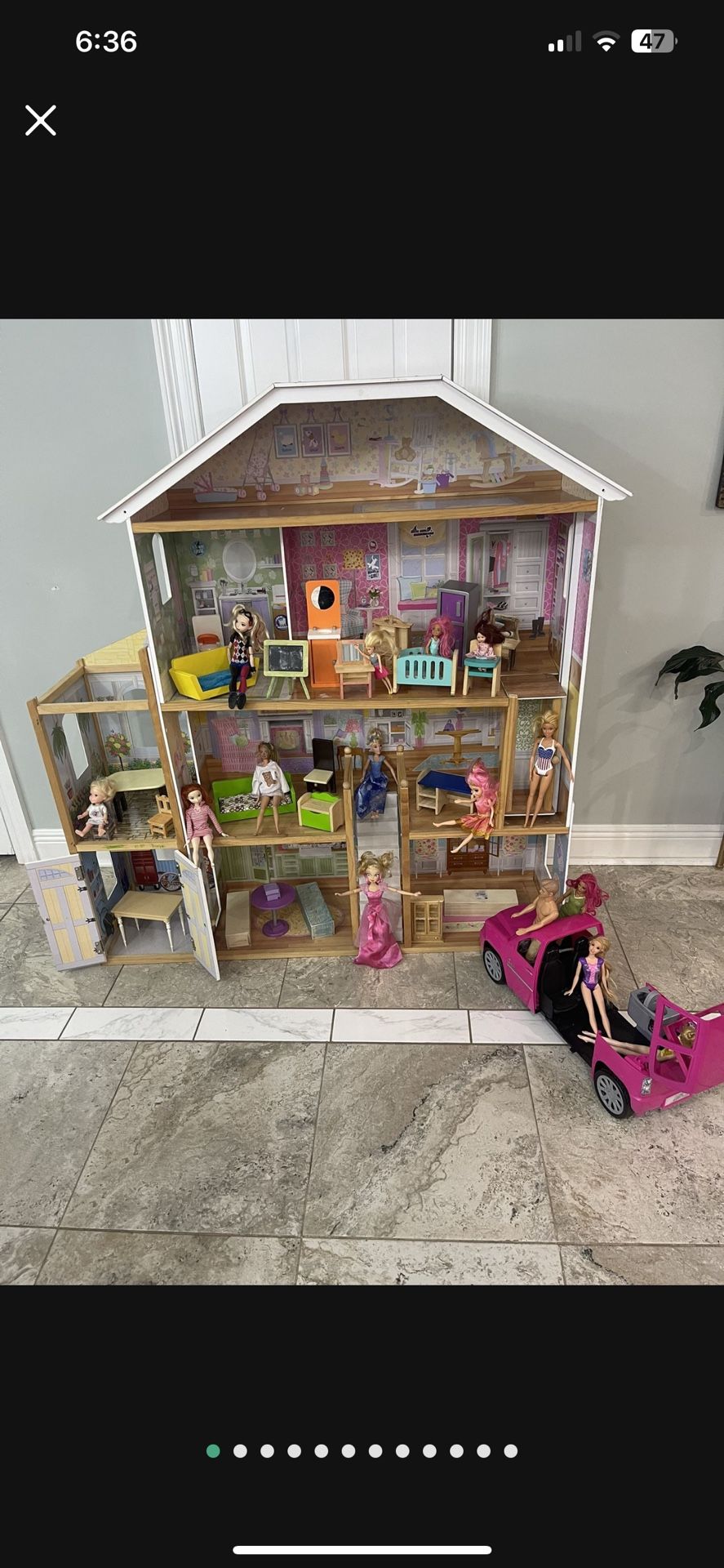 Big Barbie play dollhouse  Furniture  Car Ken  12 dolls H-54” L-50” W-14”
