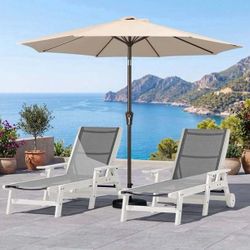SERWALL Textilene Patio Chaise Lounge Chair Set of 2 with 9FT Patio Umbrella, Black (Umbreall Base Included) brand new in box $279 C81(2)