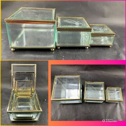 Nesting Trio Beveled Glass Jewelry Case Trinket Boxes Etched Flower Gold Trim Hinged Footed