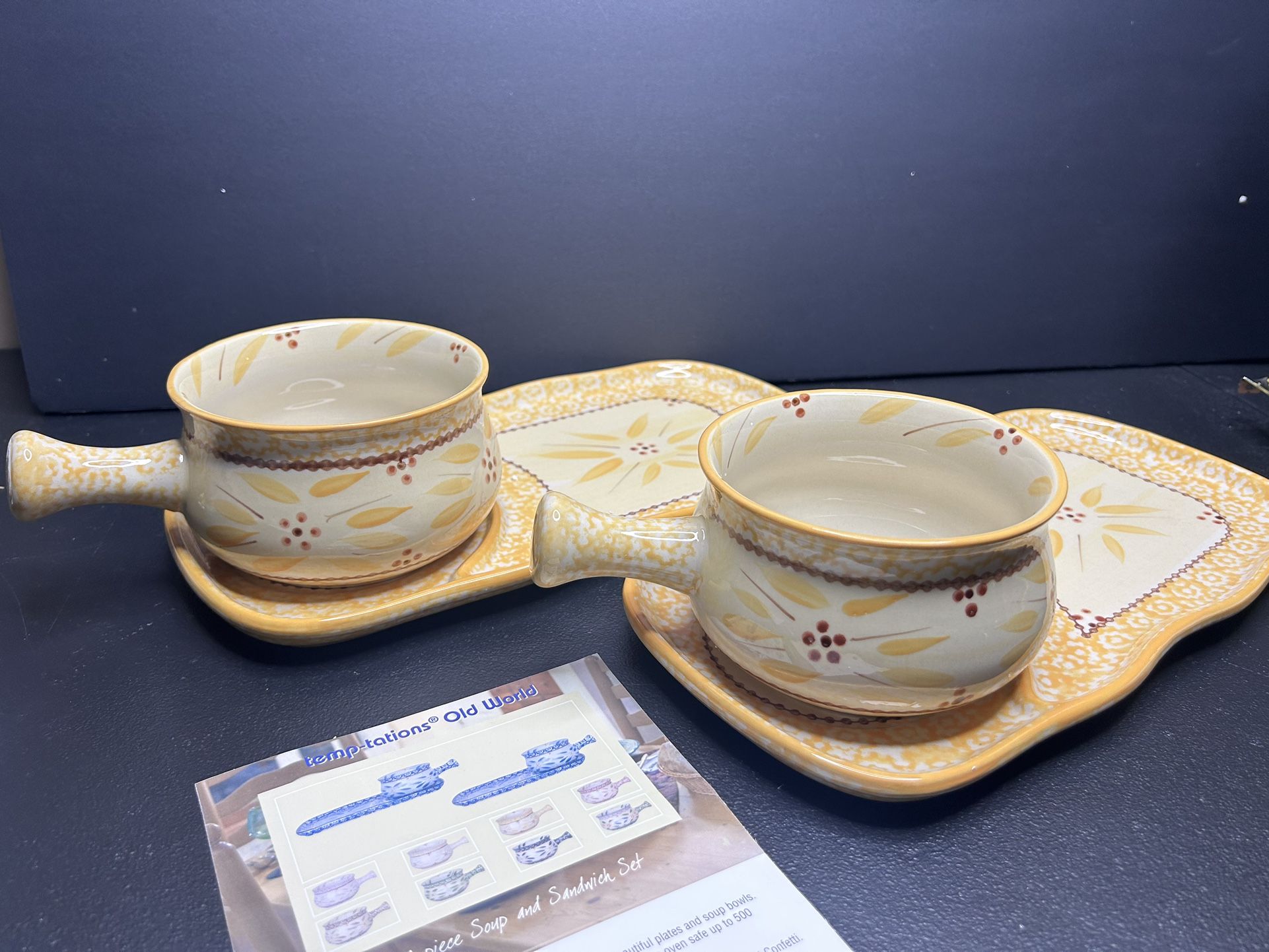 Temptations By Tara Soup And Sandwich Trays Bowls Old World Yellow 4pc set