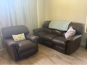 Genuine, leather reclining couch and recliner
