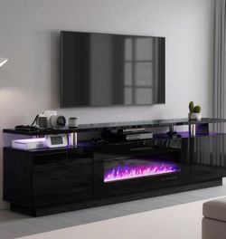 Black TV Stand with Electric Fireplace and LED Lights