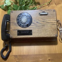 Antique Telephone- Solid Wood Desk Telephone With Rotary Dial. Engraved Name Plate & Clip Board. 