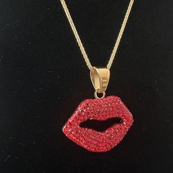 14K Gold Over 925 Red Lip Pendant with Synthetic Rubies + 20” Chain 