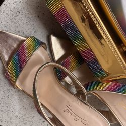 Anne Michelle Size 10 Rainbow Rhinestone Heels + Matching Clutch Purse Set