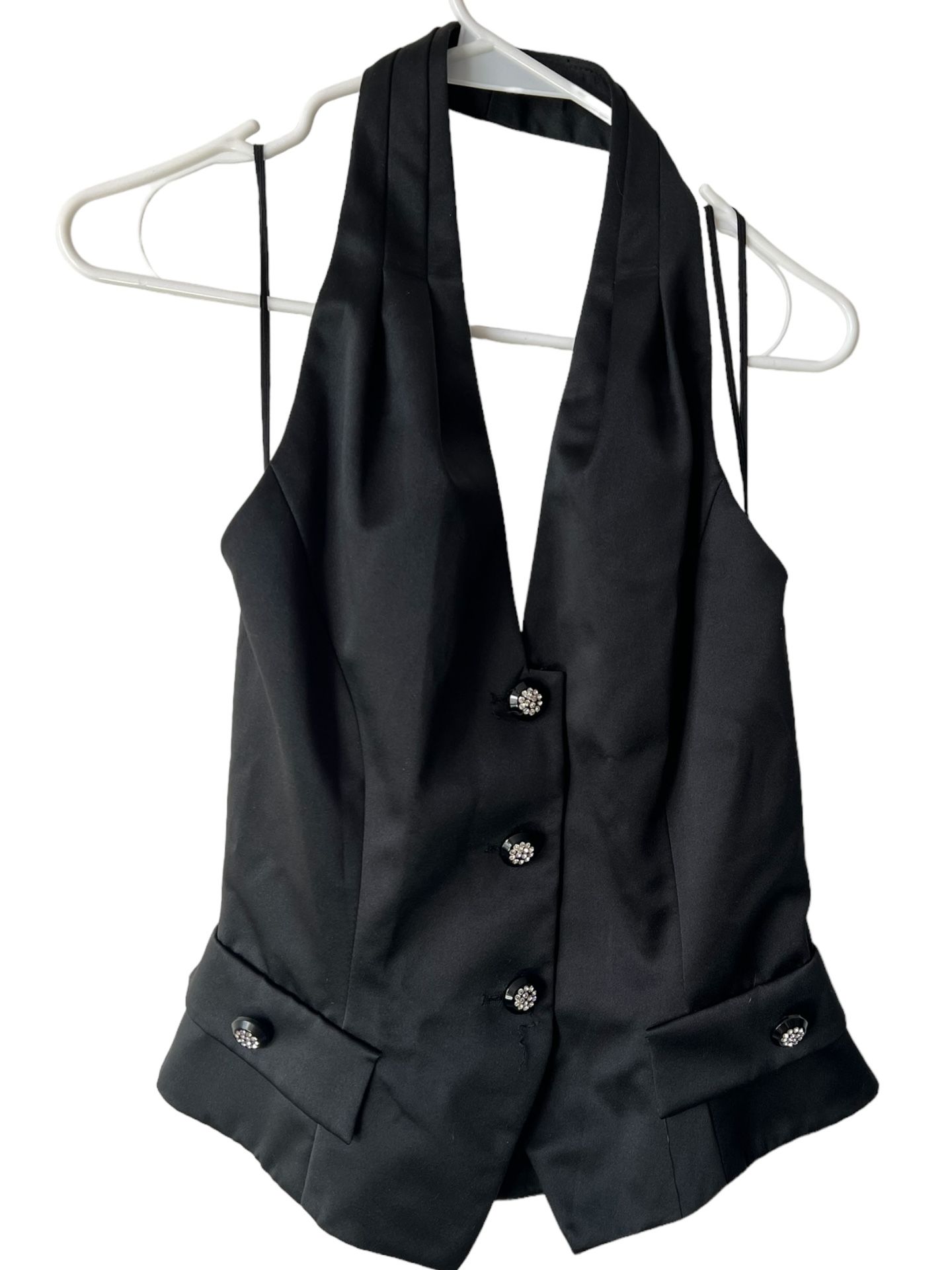 Vintage A.J. Bari Neiman Marcus Halter Vest Buttons RT Rhinestones Sz 10 Black  comes from a pet and smoke free home. Measurements in pictures.Add a t