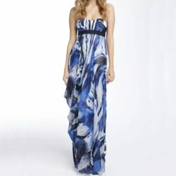 BCBGMaxAzria Blue Printed Strapless Maxi Dress, Size 2 
