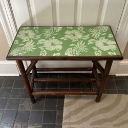 Vintage Bamboo Accent Side Table Hand Painted Hawaiian Hibiscus Flower Tiki Surfer