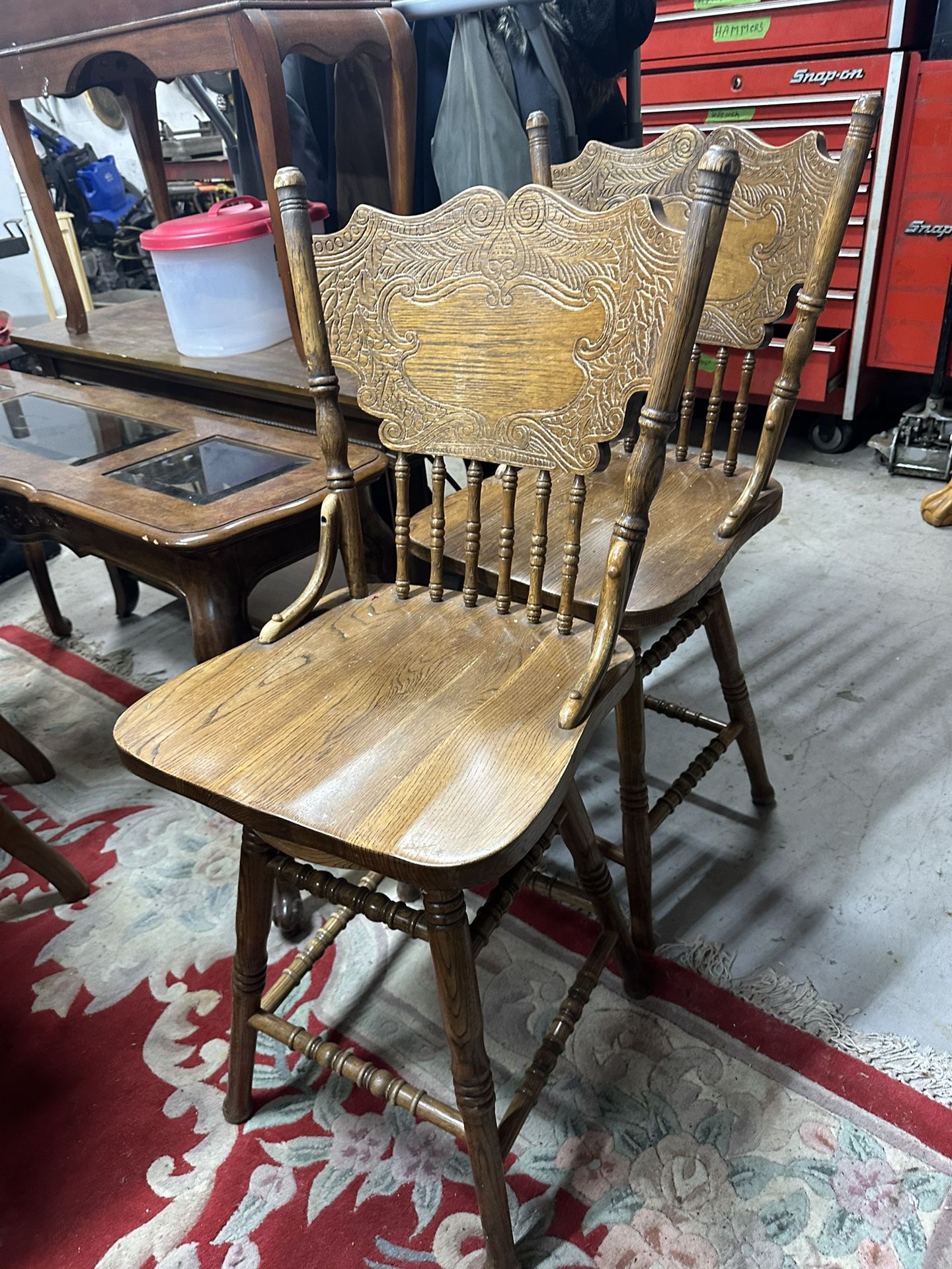 4 Oak Pressed Back Chairs / Stools