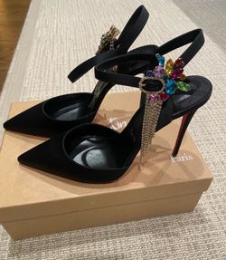 Christian Louboutin Black Satin Crystal Slingback Heels Size 38.5 NEW