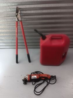 Selling a pair of hedge clippers, gas can and a grinder