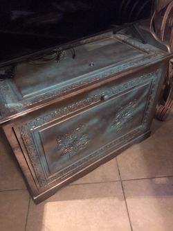Bronze Brinze Aqua’ Teal Antique Carved Side Bench & Flip Tuck Drawer 