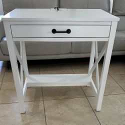 White Desk With Center Drawer, Shelf Space And Plug/USB Outlet