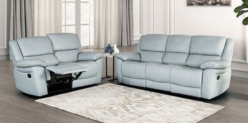 Leather Recliner Sofa & Recliner Loveseat Set - Powder Blue Color