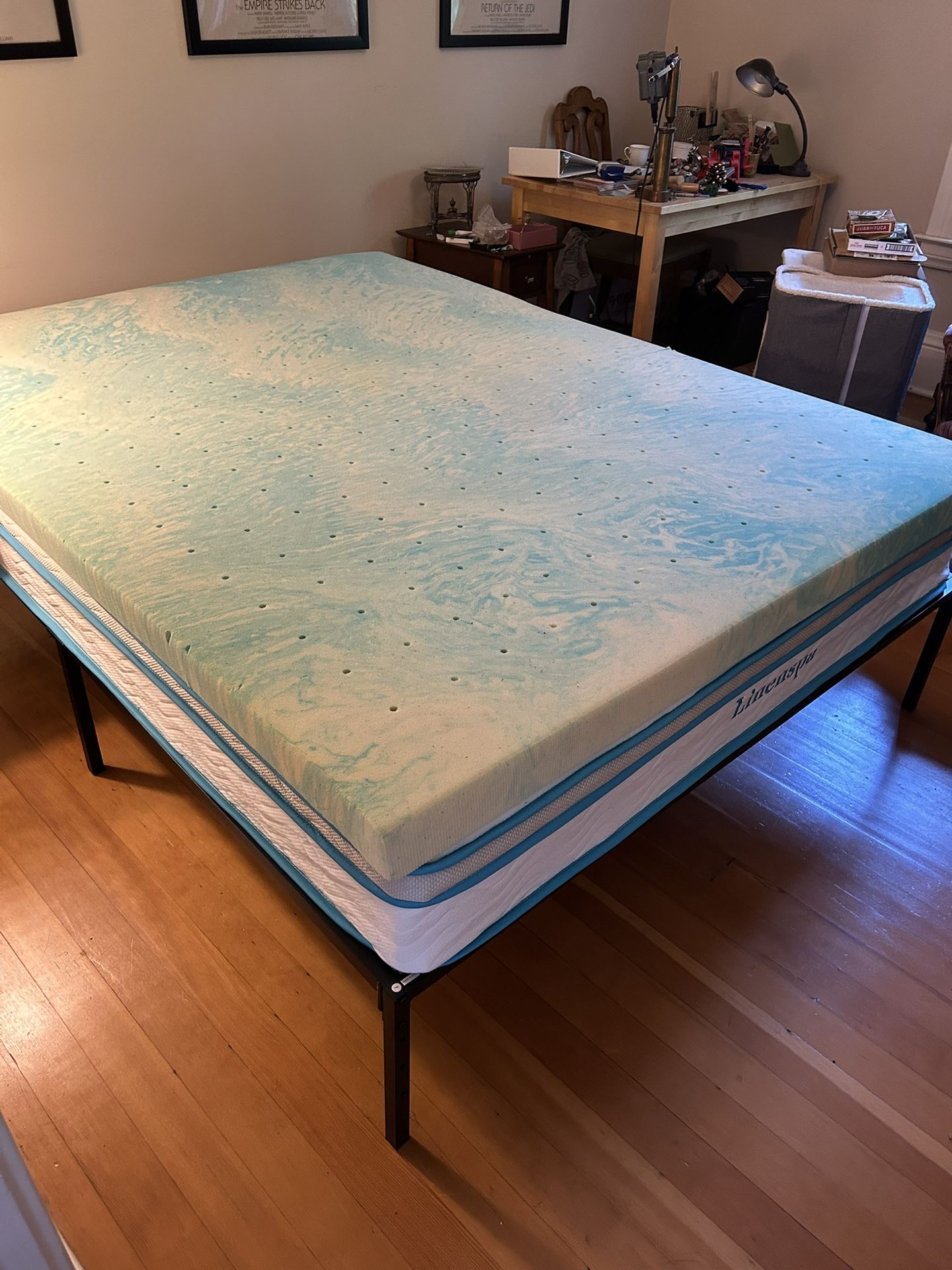 Queen Bed, Metal Frame, Mattress And Topper