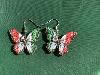 Mexican Red Green And White Butterfly Earrings 