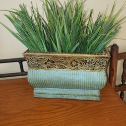 Aqua-greenish & Brown Metal Planter/Container With Faux Greenery