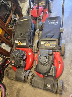 Self-propelled lawnmowers with grass collection bags for sale. Price: 230 each.