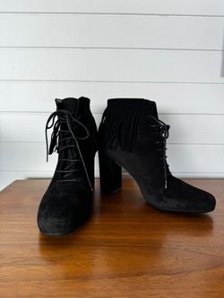 Saint Laurent Black Suede Fringe Lace Up Block Heel Ankle Boots 37.5 NWOB