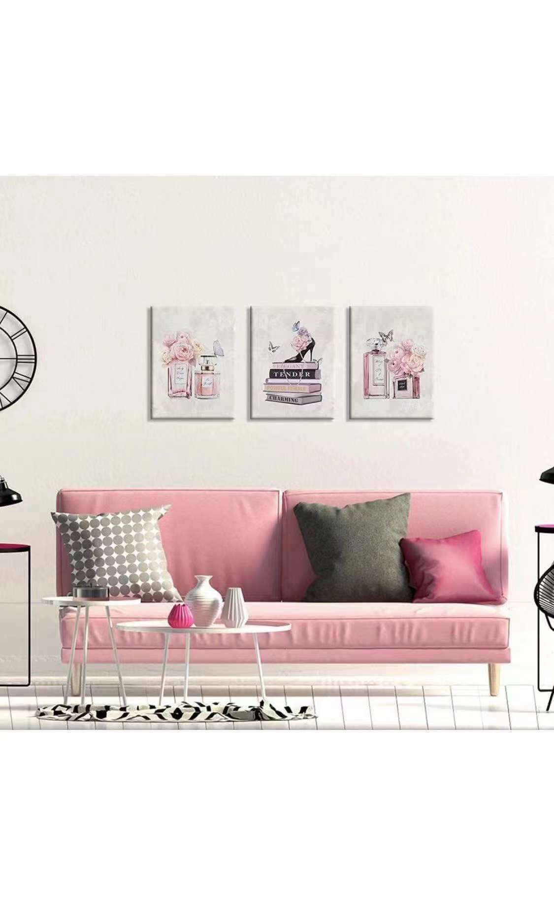 Fashion Women Canvas Wall Art Pink Flower Perfume Modern Art Prints with Book High Heel 3 Pieces Canvas Pictures Girl Room Wall Decor for Women