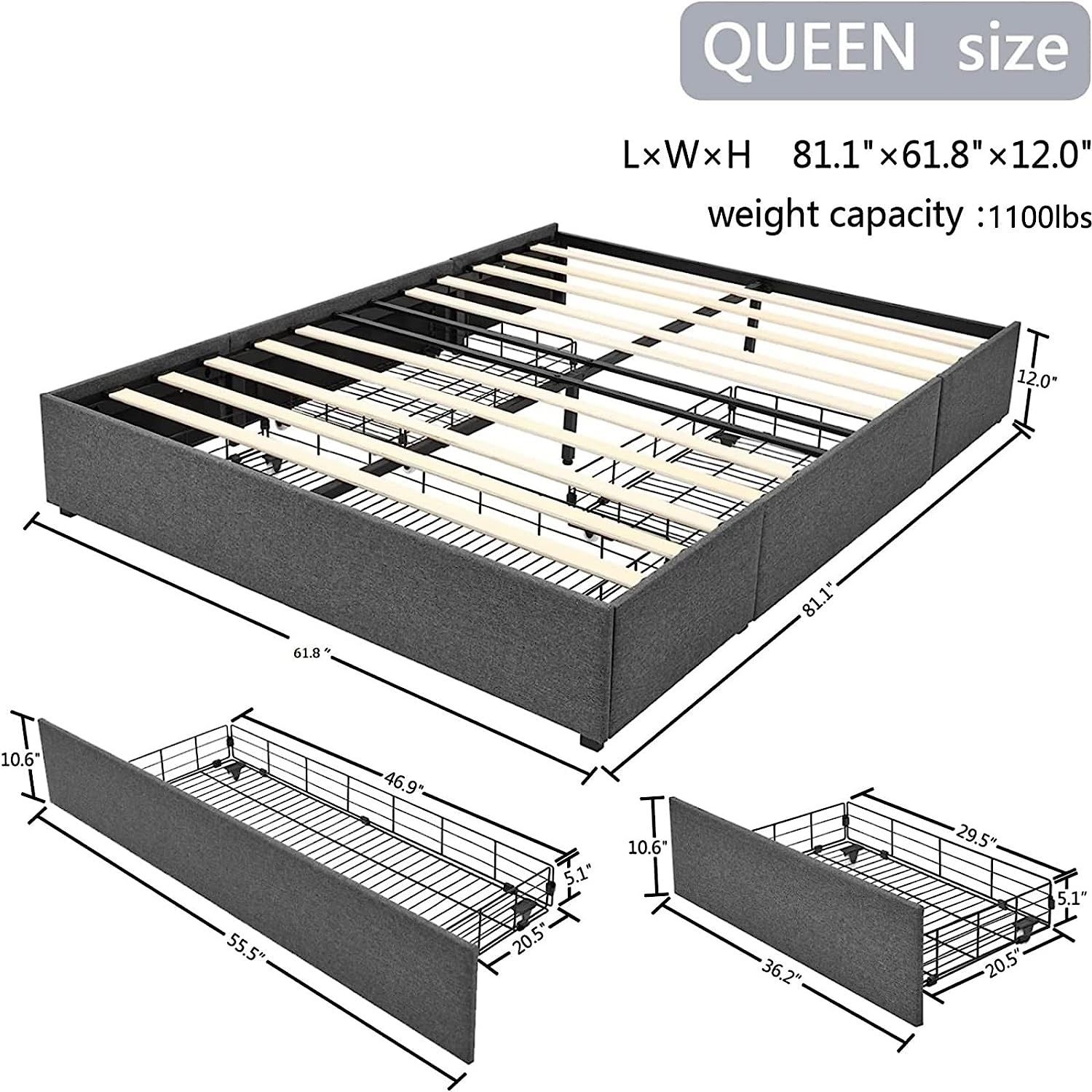 Queen Platform Bed Frame with 3 Storage Drawers,Upholstered Mattress