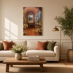 Mediterranean Courtyard Oil Painting on Canvas