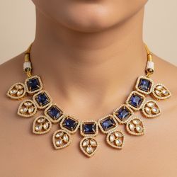 Royal Blue Stone Gold Plated Necklace Set with Earrings – Punjabi Bridal Jewellery