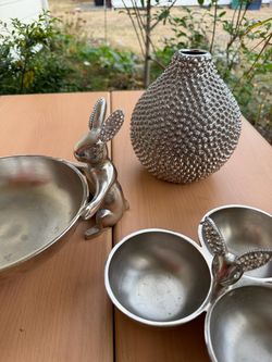Silver Bunny & Textured Decor Set (Vase & Serving Bowls)