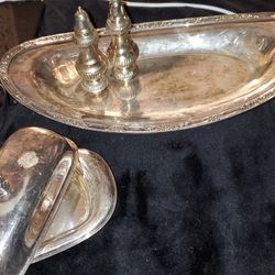 Silver Tray , Butter Dish And Set Of Salt And Pepper Shakers , Make Offer