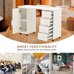 White Manicure Table On Wheels With Storage Drawers And 1 Cabinet MCombo 0611