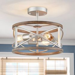 Chandelier 3-Light Vintage Farmhouse Industrial Imitation Wood Grain Semi-Flush Mount Ceiling Light Lighting Fixture 12", wood imitation and nickel