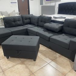 Brand New Sectional With Storage Ottoman Black Linen Fabric 