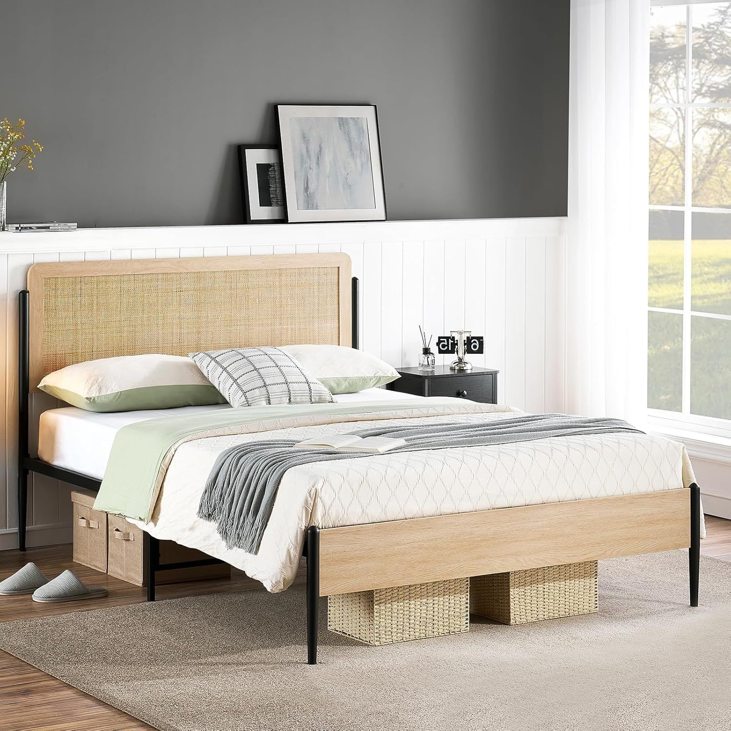 Garvee Boho Full Size Bed Frame with Natural Rattan Headboard & Solid Wood Footboard - Under Bed Storage Space, Quiet Noise-Free Design, No Box Spring