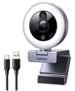 4K Webcam with Ring Light Autofocus Privacy Cover Mic USB 1080P 60FPS for PC Mac