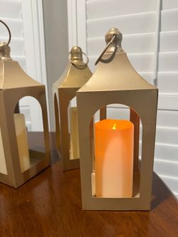 Gold Metal Lanterns with LED Candles – Set of 3