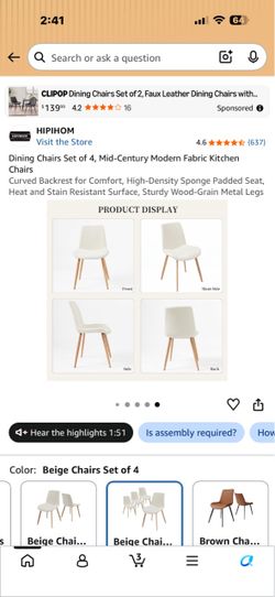 HIPIHOM Dining Chairs Set of 4, Mid-Century Modern Fabric Kitchen Chairs