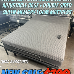 NEW QUEEN ADJUSTABLE BASE SET/ ADJUSTABLE BASE + DOUBLE SIDED MEMORY FOAM MATTRESS