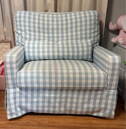 Blue Gingham “Chair and a Half” Swivel Glider Nursery Chair
