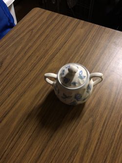 Single cup tea kettle white and blue.