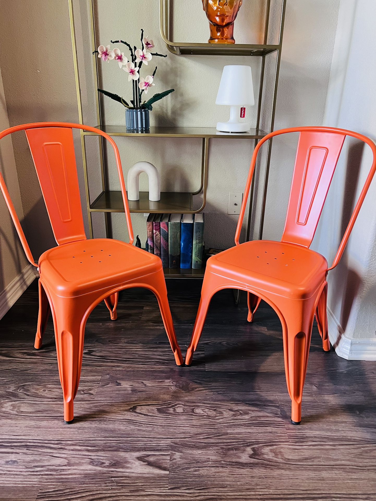 Pair Of Metal Orange Chairs 