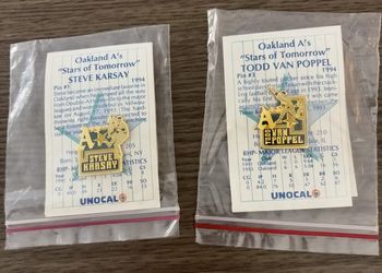 2x NEW-VTG 1994 Unocal 76 "Stars of Tomorrow" lapel pins-Oakland Athletics players