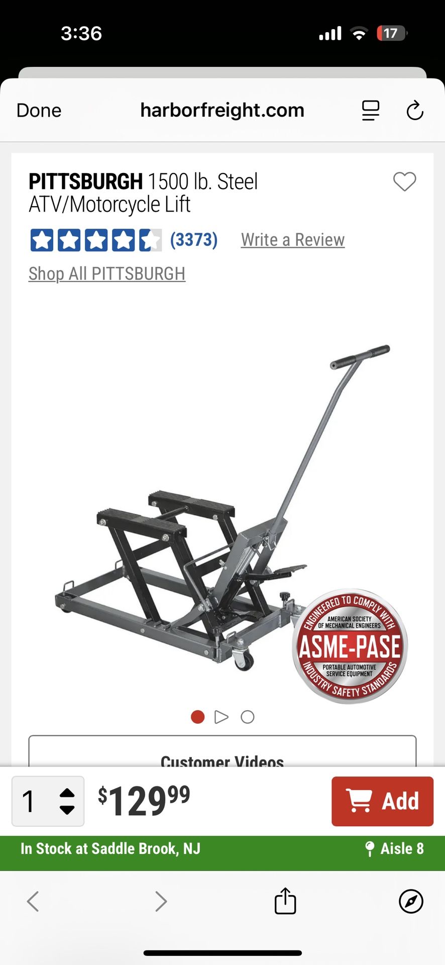 Pittsburgh 1500 lb Motorcycle/ATV Lift