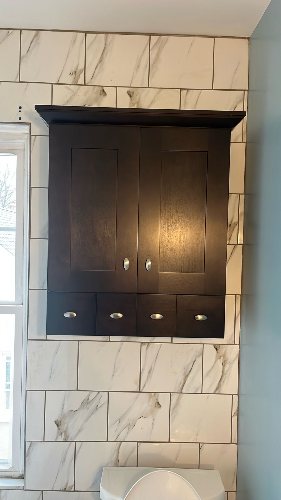 Cabinet With Sink. 24 Wide, Cabinet Above Toilet 30 Wide 2 Light Fixtures