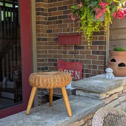 Mid Century Modern Tony Paul Style Wood Woven Wicker Tri Pod Foot Stool